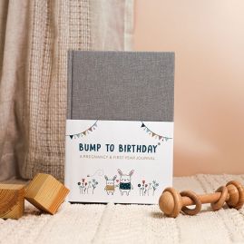 Pregnancy Journal and baby's first year keepsake book standing on table surrounded by wooden toys.