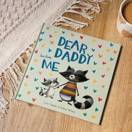 Book cover of cute illustrated daddy and baby raccoon holding hands.