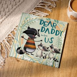 Book cover of cute illustrated daddy and baby raccoons.
