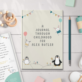 Personalised A Journal Through Childhood a journal to capture memories of childhood by FROM YOU TO ME lifestyle wooden background hardback Natural colour cover