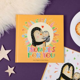 Book cover. Cute illustrated adult penguin with baby penguin, surrounded by colourful plants and hearts.